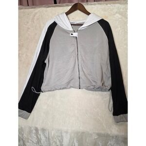Cherfly Womens Cropped Zip Up Hoodie Colorblock Grey Black White Size L 12-14